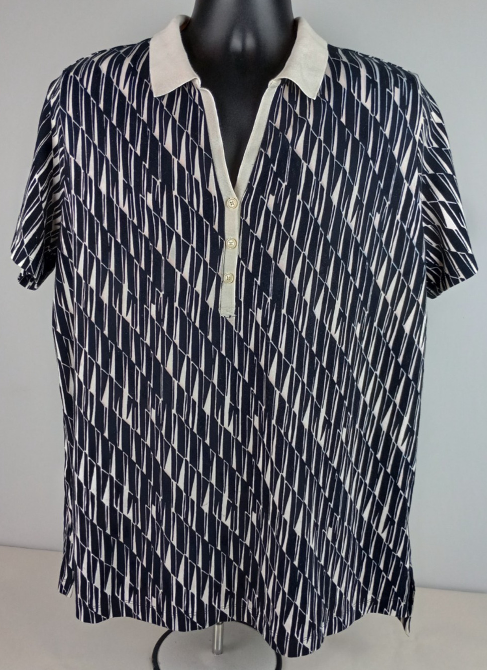 Lands End Womens XL 16w 18w Black White Disrupted Stripe Short Sleeve Polo Shirt